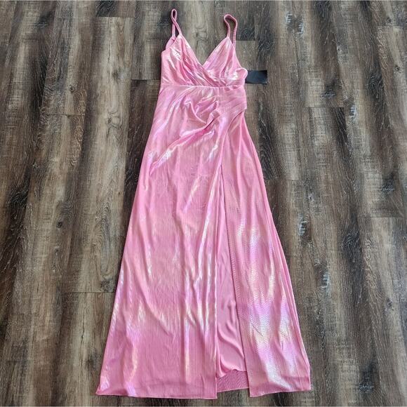 Retrofete Yesi Dress in Flamingo Pink Large NWT Metallic Maxi Spaghetti Straps - Picture 3 of 14